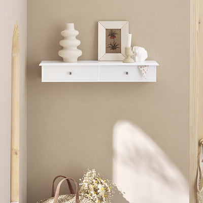SoBuy FRG43-W, Floating Shelf with 2 Drawers - Modern Wall Mounted Shelf for Bedroom, Hallway & Living Room, White W64 x D15 x H10cm