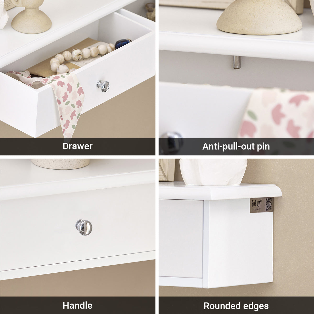 SoBuy FRG43-W, Floating Shelf with 2 Drawers - Modern Wall Mounted Shelf for Bedroom, Hallway & Living Room, White W64 x D15 x H10cm