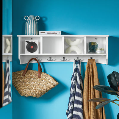 SoBuy FRG48-L-W, Wall Coat Rack Wall Display Storage Unit with 4 Components 5 Hooks, White