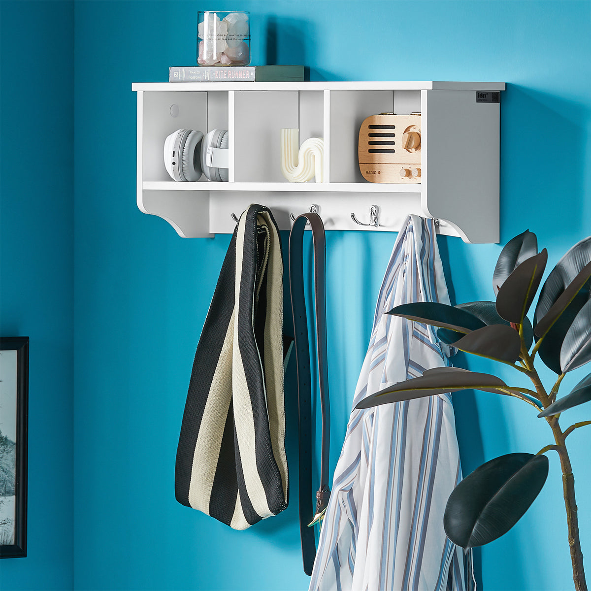 SoBuy FRG48-W, Wall Coat Rack Wall Display Storage Unit with 3 Components 4 Hooks, White