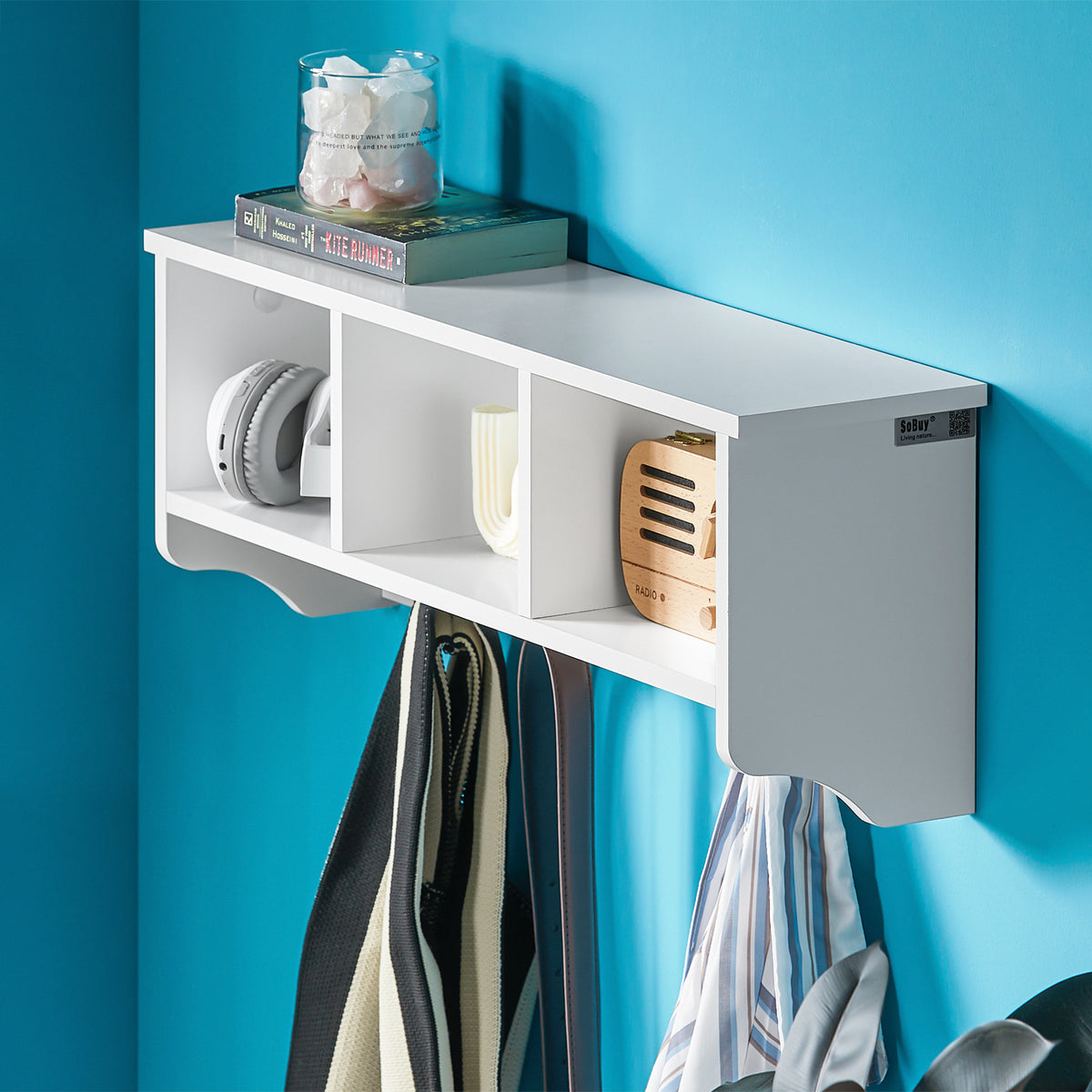 SoBuy FRG48-W, Wall Coat Rack Wall Display Storage Unit with 3 Components 4 Hooks, White
