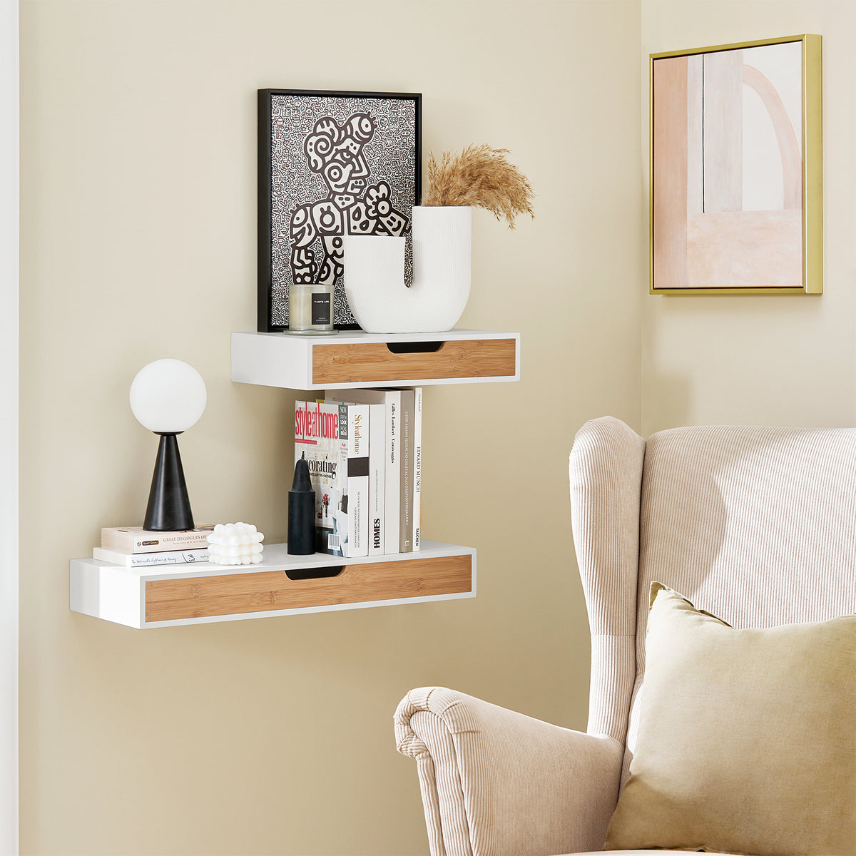 SoBuy FRG92-WNX2, Set 2 of Floating Shelf Storage Display, Wall Mounted Drawer, White