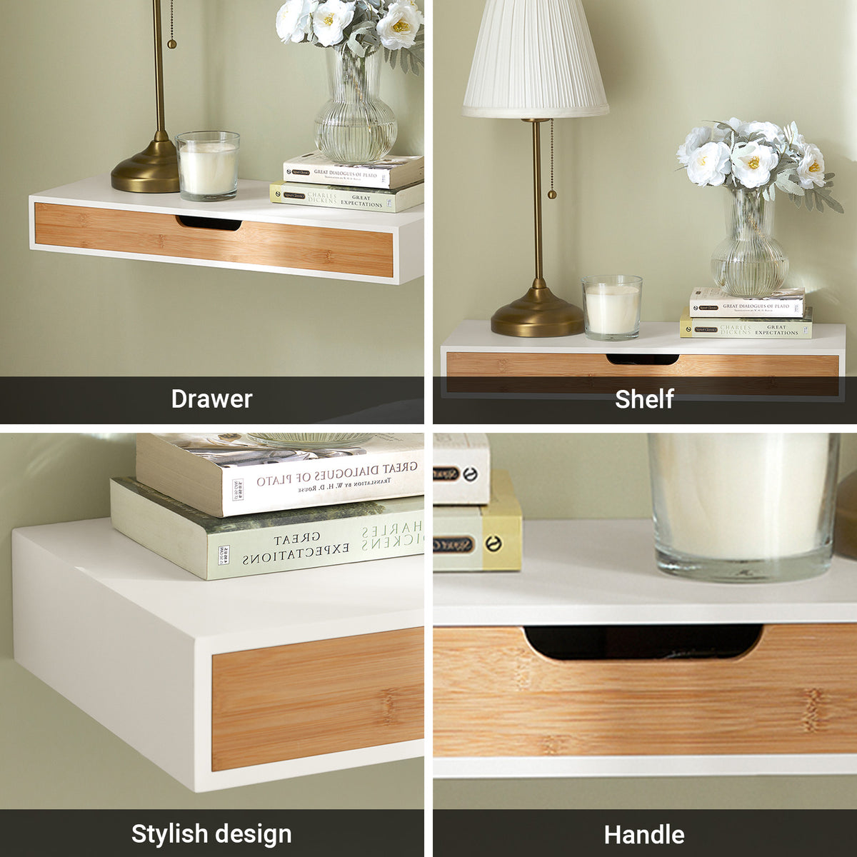 SoBuy FRG93-WN A+ feature image – storage drawer and tabletop detail white natural bamboo floating shelf