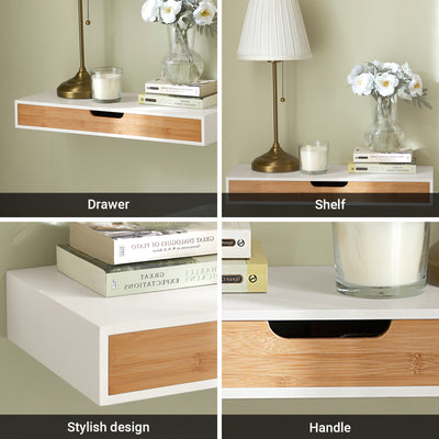 SoBuy FRG93-WN A+ feature image – storage drawer and tabletop detail white natural bamboo floating shelf