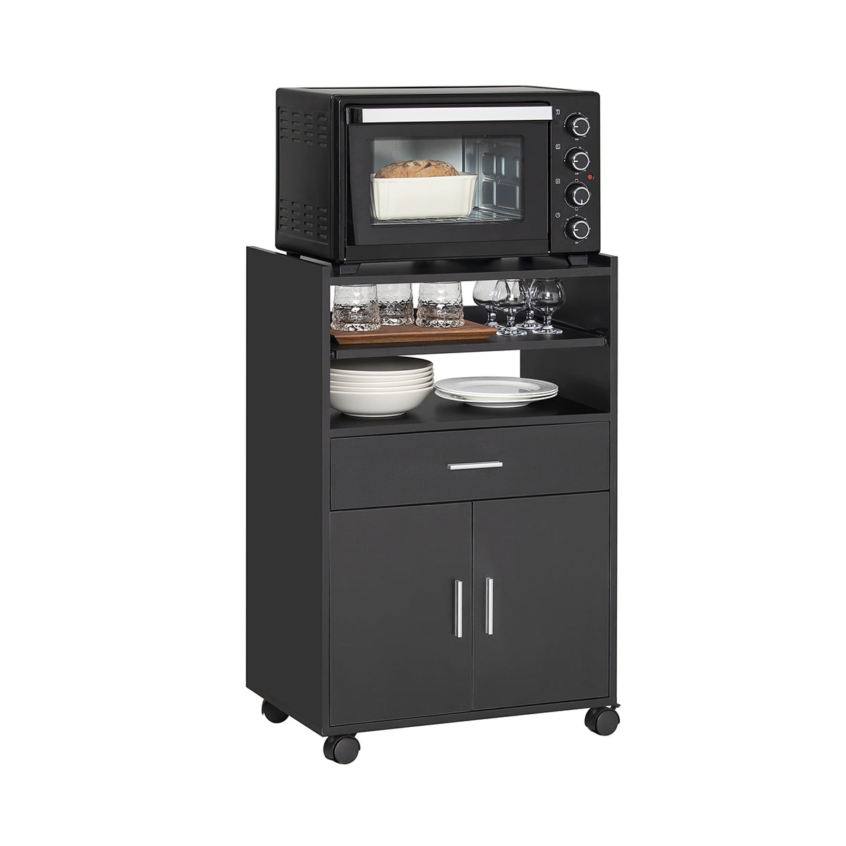 SoBuy FSB09-SCH, Kitchen Trolley with Wheels and Extendable Worktop Microwave Stand Storage Unit with Cupboard Small Mobile Kitchen Cart Cabinet for Home, Office or Dining Room 92x59x40cm, Black