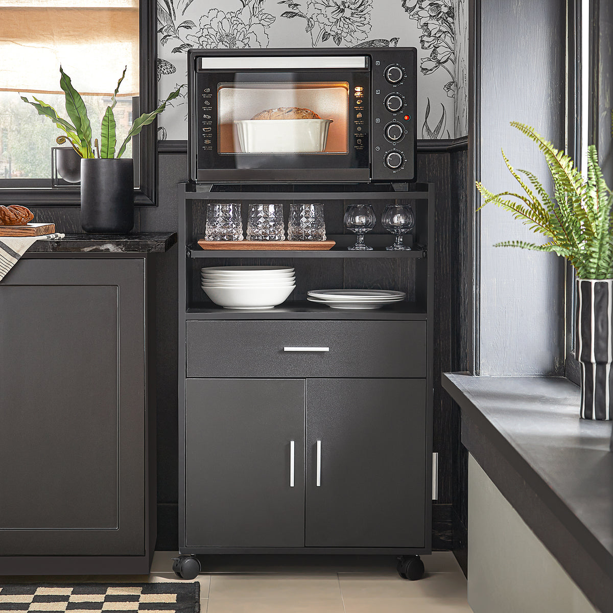SoBuy FSB09-SCH, Kitchen Trolley with Wheels and Extendable Worktop Microwave Stand Storage Unit with Cupboard Small Mobile Kitchen Cart Cabinet for Home, Office or Dining Room 92x59x40cm, Black
