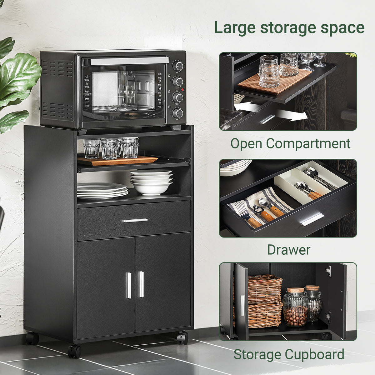 SoBuy FSB09-SCH, Kitchen Trolley with Wheels and Extendable Worktop Microwave Stand Storage Unit with Cupboard Small Mobile Kitchen Cart Cabinet for Home, Office or Dining Room 92x59x40cm, Black