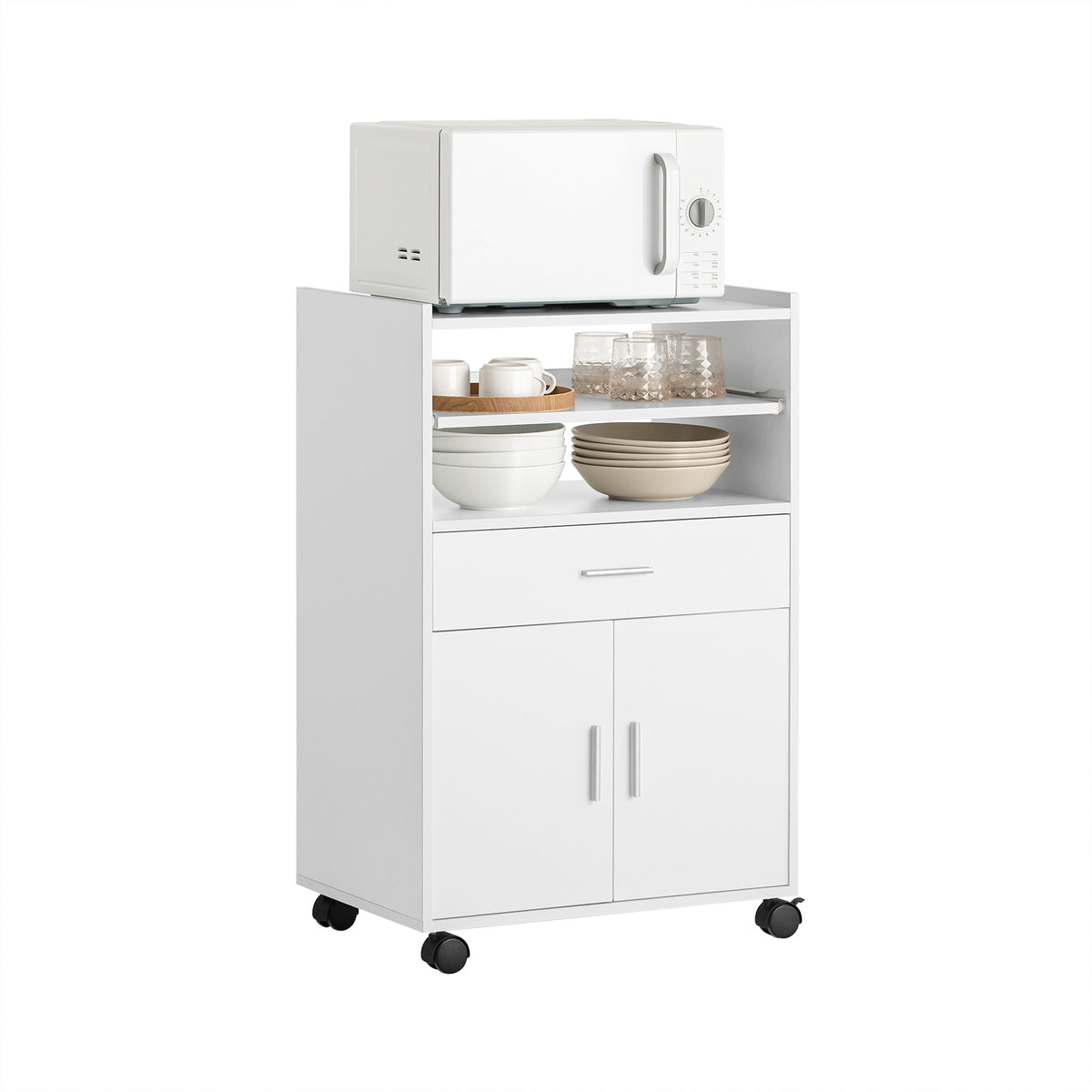 Pre-sale SoBuy FSB09-W Kitchen Trolley Kitchen Island with Wheels Microwave Stand Storage Unit Coffee Station Cabinet Small Mobile Cart Cabinet for Home, Office or Dining Room 92x59x40cm, White