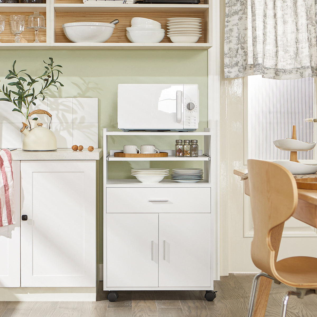 Pre-sale SoBuy FSB09-W Kitchen Trolley Kitchen Island with Wheels Microwave Stand Storage Unit Coffee Station Cabinet Small Mobile Cart Cabinet for Home, Office or Dining Room 92x59x40cm, White