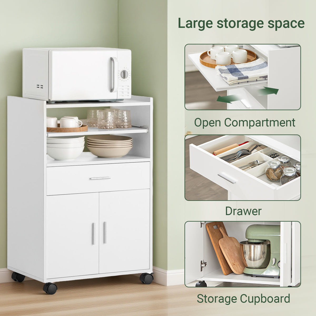 SoBuy FSB09-W Kitchen Trolley Kitchen Island with Wheels Microwave Stand Storage Unit Coffee Station Cabinet Small Mobile Cart Cabinet for Home, Office or Dining Room 92x59x40cm, White