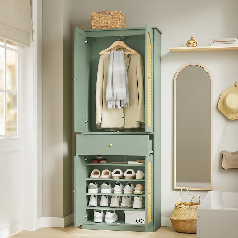 SoBuy FSB107-GR, Tall Shoe Cabinet with 4 Doors & Hanging Rod, Rattan, Green, 70x34x180cm - view 4