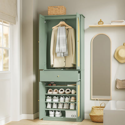 SoBuy FSB107-GR, Tall Shoe Cabinet with 4 Doors & Hanging Rod, Rattan, Green, 70x34x180cm - view 4