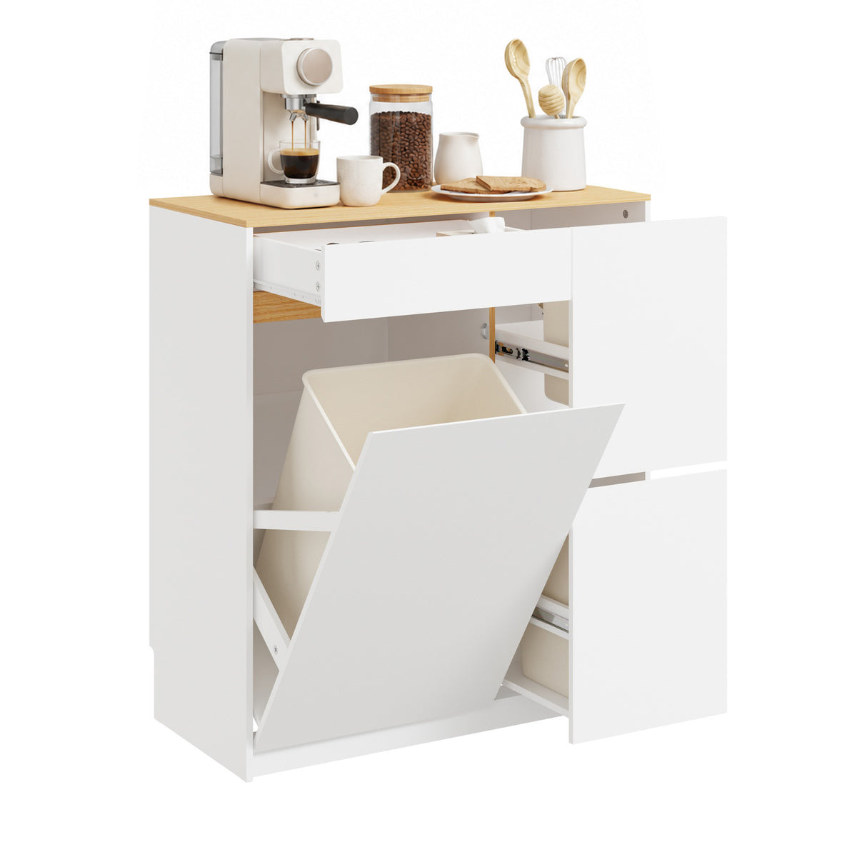 SoBuy FSB111-WN, Kitchen Sideboard with Hideaway Bin Compartment, White & Oak, 80x38x90cm