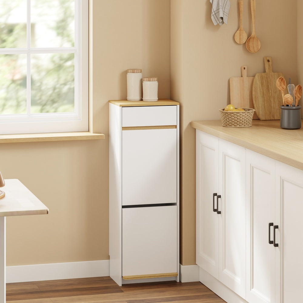 SoBuy FSB112-WN, Tilt Out Rubbish Bin Cabinet for 2 Bins, Narrow, White, 35x25x101.7cm - view 2