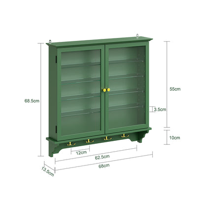 SoBuy FSB114-E-SY, Wall Mounted Display Cabinet with Glass Doors, 4 Shelves & Hooks, Dark Green, 68x13.5x68.5cm - view 3