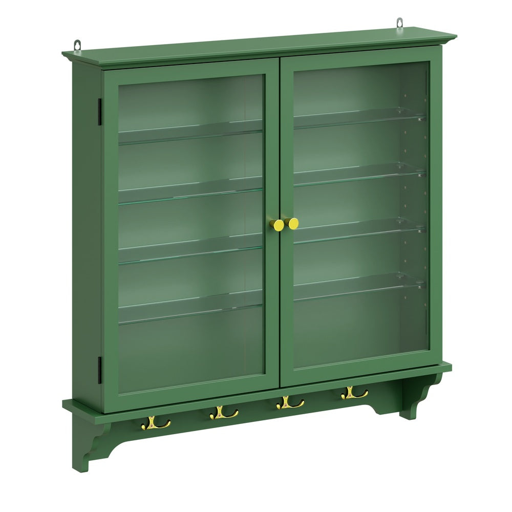 SoBuy FSB114-E-SY, Wall Mounted Display Cabinet with Glass Doors, 4 Shelves & Hooks, Dark Green, 68x13.5x68.5cm - view 1