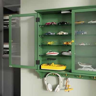 SoBuy FSB114-E-SY, Wall Mounted Display Cabinet with Glass Doors, 4 Shelves & Hooks, Dark Green, 68x13.5x68.5cm - view 6