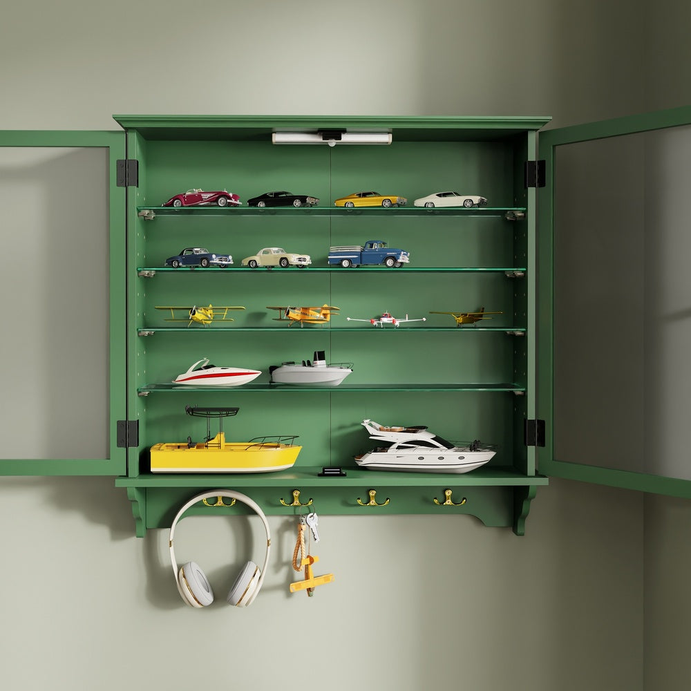 SoBuy FSB114-E-SY, Wall Mounted Display Cabinet with Glass Doors, 4 Shelves & Hooks, Dark Green, 68x13.5x68.5cm - view 7