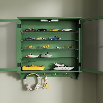SoBuy FSB114-E-SY, Wall Mounted Display Cabinet with Glass Doors, 4 Shelves & Hooks, Dark Green, 68x13.5x68.5cm - view 7