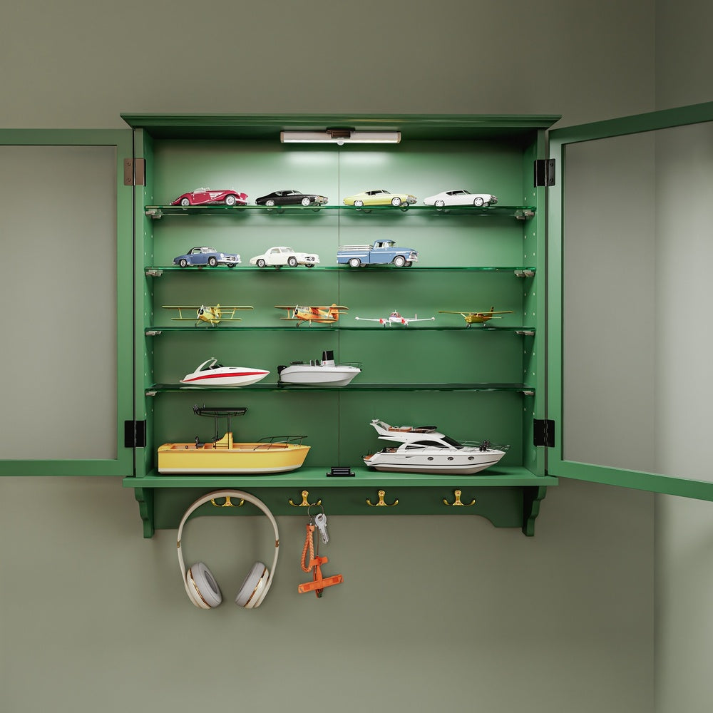SoBuy FSB114-E-SY, Wall Mounted Display Cabinet with Glass Doors, 4 Shelves & Hooks, Dark Green, 68x13.5x68.5cm - view 8