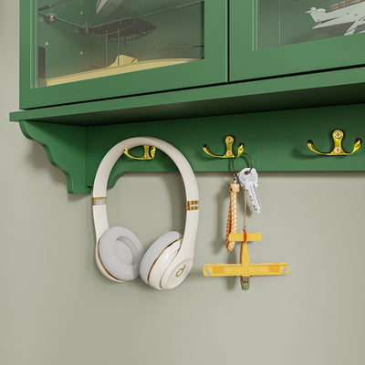 SoBuy FSB114-E-SY, Wall Mounted Display Cabinet with Glass Doors, 4 Shelves & Hooks, Dark Green, 68x13.5x68.5cm - view 9