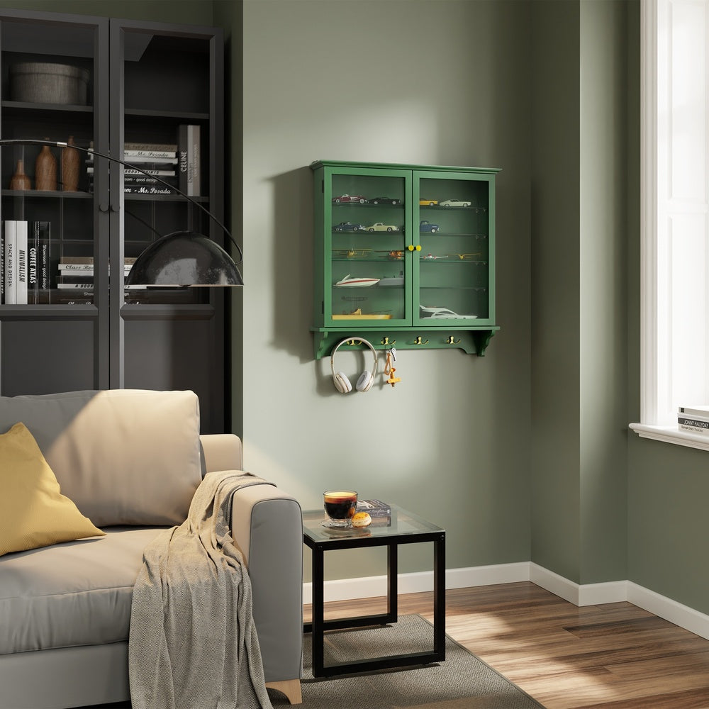 SoBuy FSB114-E-SY, Wall Mounted Display Cabinet with Glass Doors, 4 Shelves & Hooks, Dark Green, 68x13.5x68.5cm - view 2