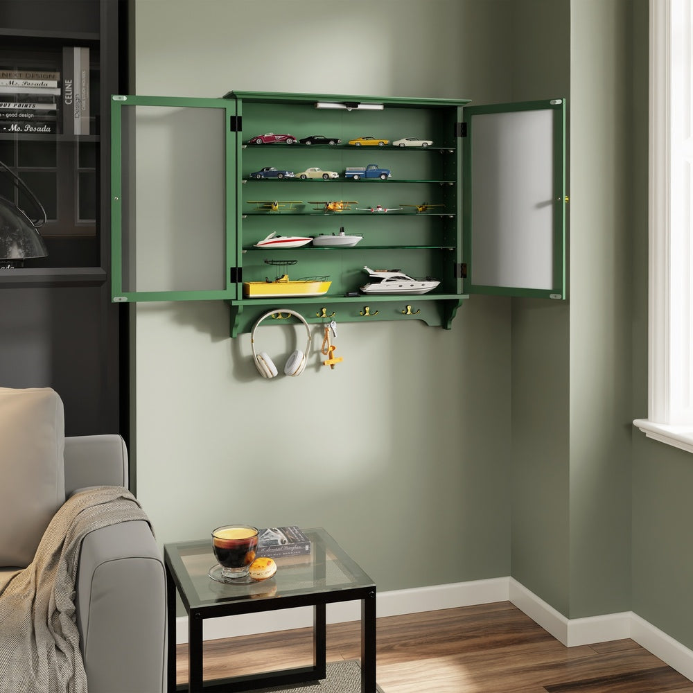 SoBuy FSB114-E-SY, Wall Mounted Display Cabinet with Glass Doors, 4 Shelves & Hooks, Dark Green, 68x13.5x68.5cm - view 10