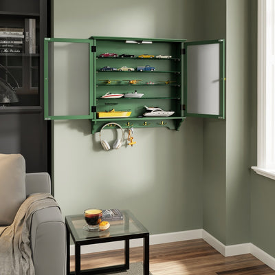 SoBuy FSB114-E-SY, Wall Mounted Display Cabinet with Glass Doors, 4 Shelves & Hooks, Dark Green, 68x13.5x68.5cm - view 10