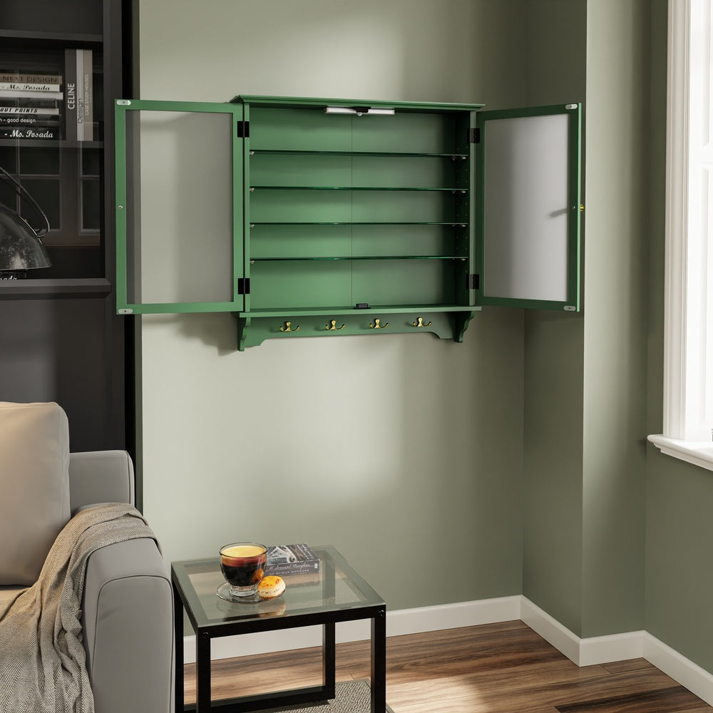 SoBuy FSB114-E-SY, Wall Mounted Display Cabinet with Glass Doors, 4 Shelves & Hooks, Dark Green, 68x13.5x68.5cm - view 11