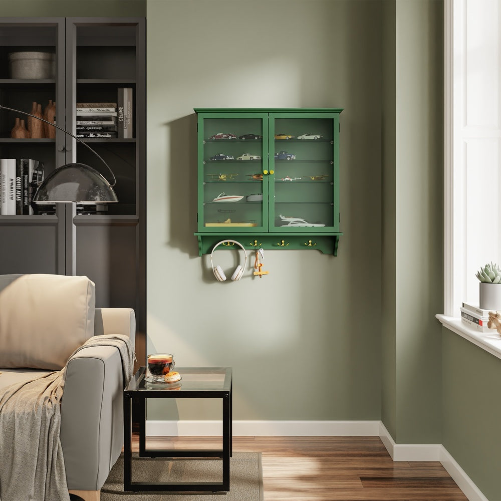 SoBuy FSB114-E-SY, Wall Mounted Display Cabinet with Glass Doors, 4 Shelves & Hooks, Dark Green, 68x13.5x68.5cm - view 12