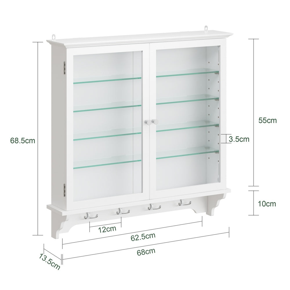 SoBuy FSB114-E-W, Wall Mounted Cabinet with Glass Doors, Adjustable Shelves & Hooks, White, 68x13.5x68.5cm - view 3