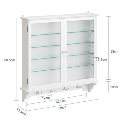 SoBuy FSB114-E-W, Wall Mounted Cabinet with Glass Doors, Adjustable Shelves & Hooks, White, 68x13.5x68.5cm - view 3