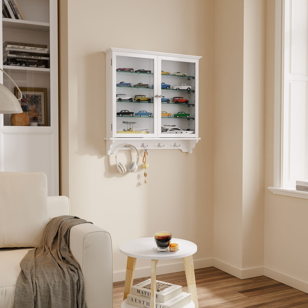 SoBuy FSB114-E-W, Wall Mounted Cabinet with Glass Doors, Adjustable Shelves & Hooks, White, 68x13.5x68.5cm - view 2