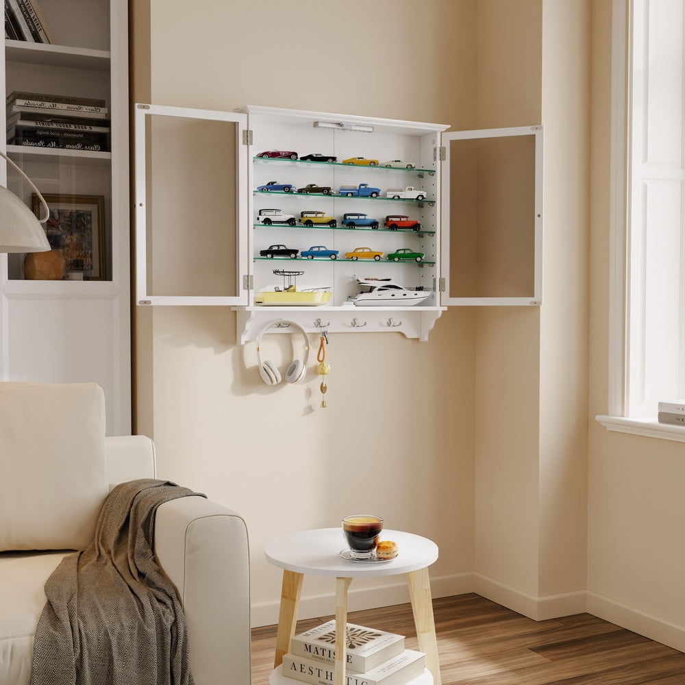 SoBuy FSB114-E-W, Wall Mounted Cabinet with Glass Doors, Adjustable Shelves & Hooks, White, 68x13.5x68.5cm - view 10