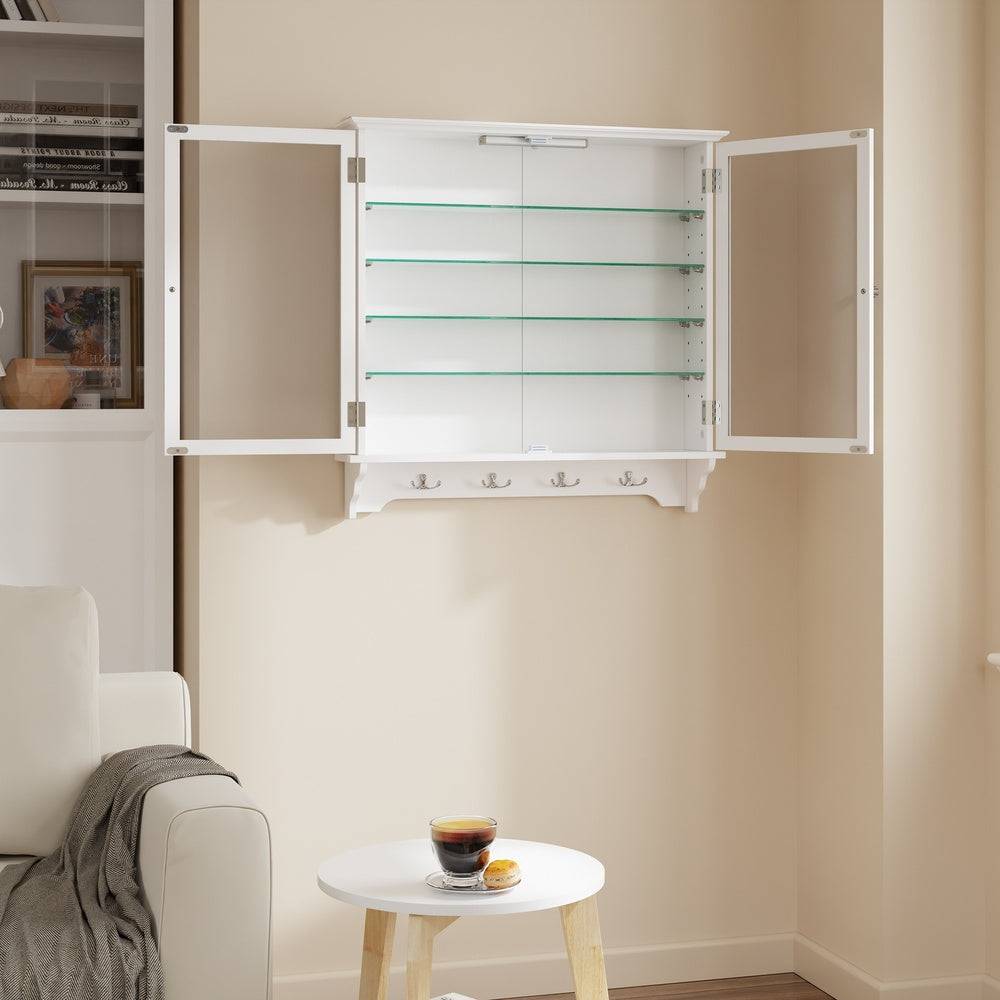 SoBuy FSB114-E-W, Wall Mounted Cabinet with Glass Doors, Adjustable Shelves & Hooks, White, 68x13.5x68.5cm - view 11