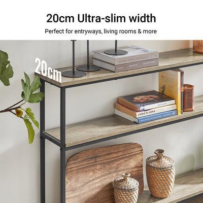 SoBuy FSB49-PZ, Console Table Narrow Side Table Slim Console Table – 3 Tier Display Storage for Entryway, Living Room, Hallway – Modern Rustic Table with Metal Frame, W120 x D20 x H77cm