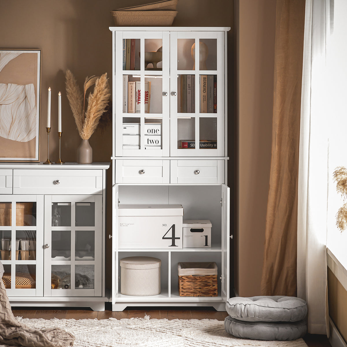SoBuy FSB76-W, Tall Cupboard with 2 Cabinets and 2 Drawers, Kitchen Dining Room Living Room Tall Cabinet Cupboard Sideboard, White