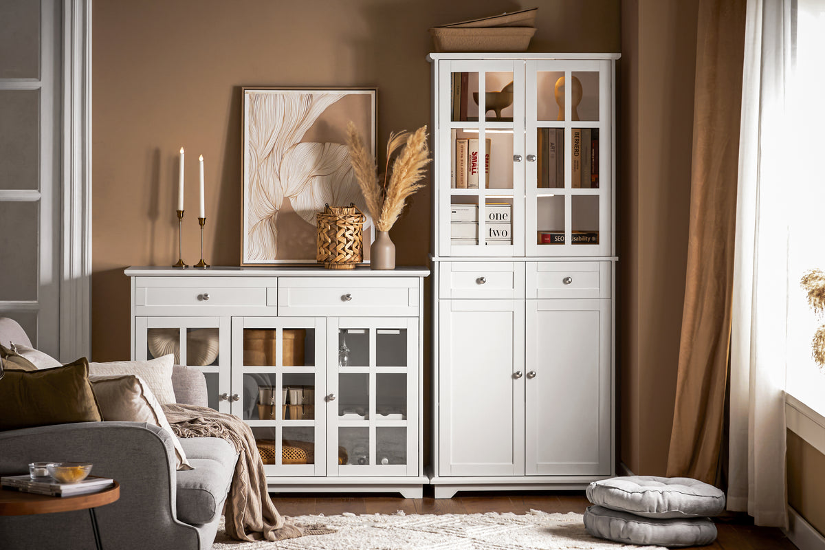 SoBuy FSB76-W, Tall Cupboard with 2 Cabinets and 2 Drawers, Kitchen Dining Room Living Room Tall Cabinet Cupboard Sideboard, White