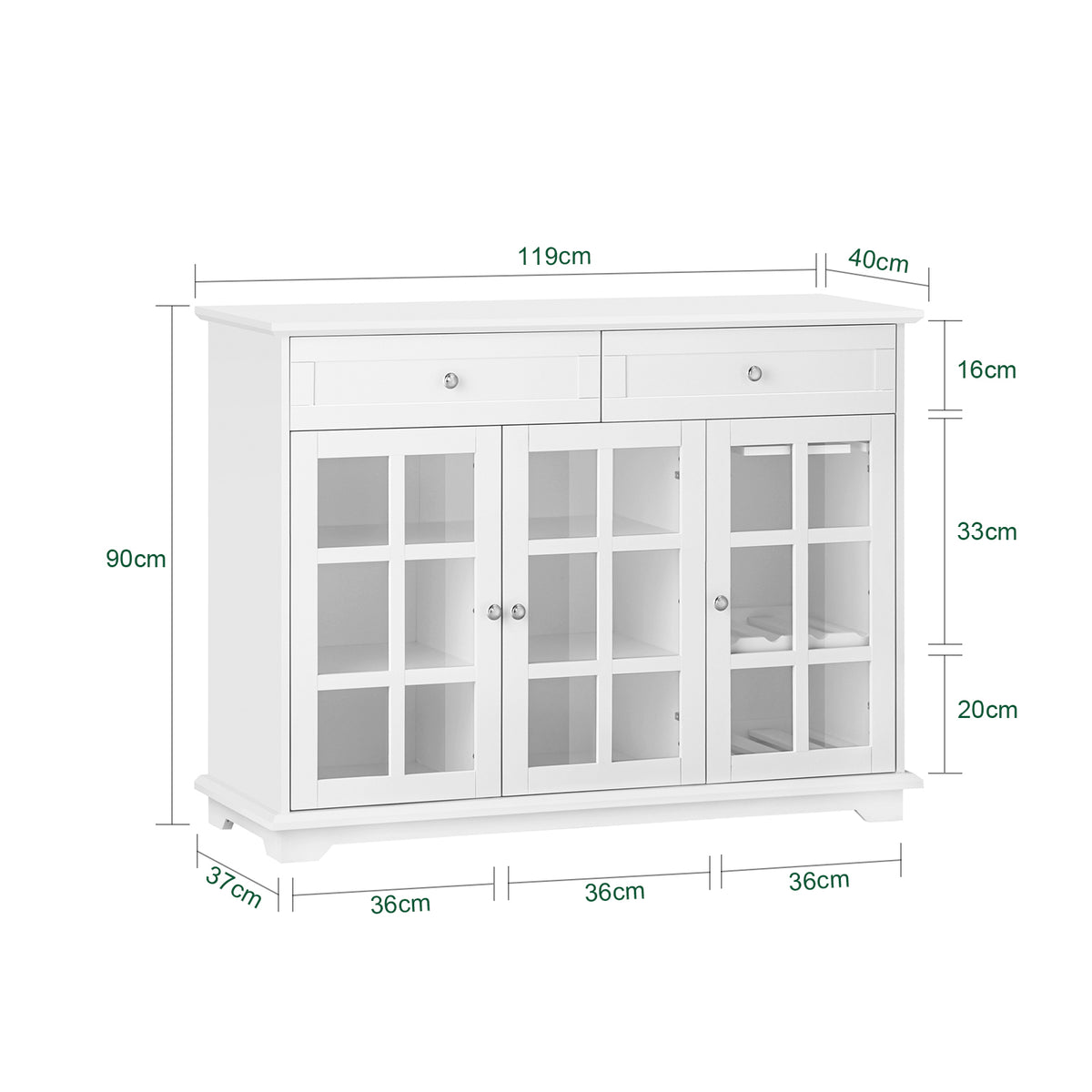 SoBuy FSB77-W sideboard dimensions – W119×D40×H90cm size guide infographic