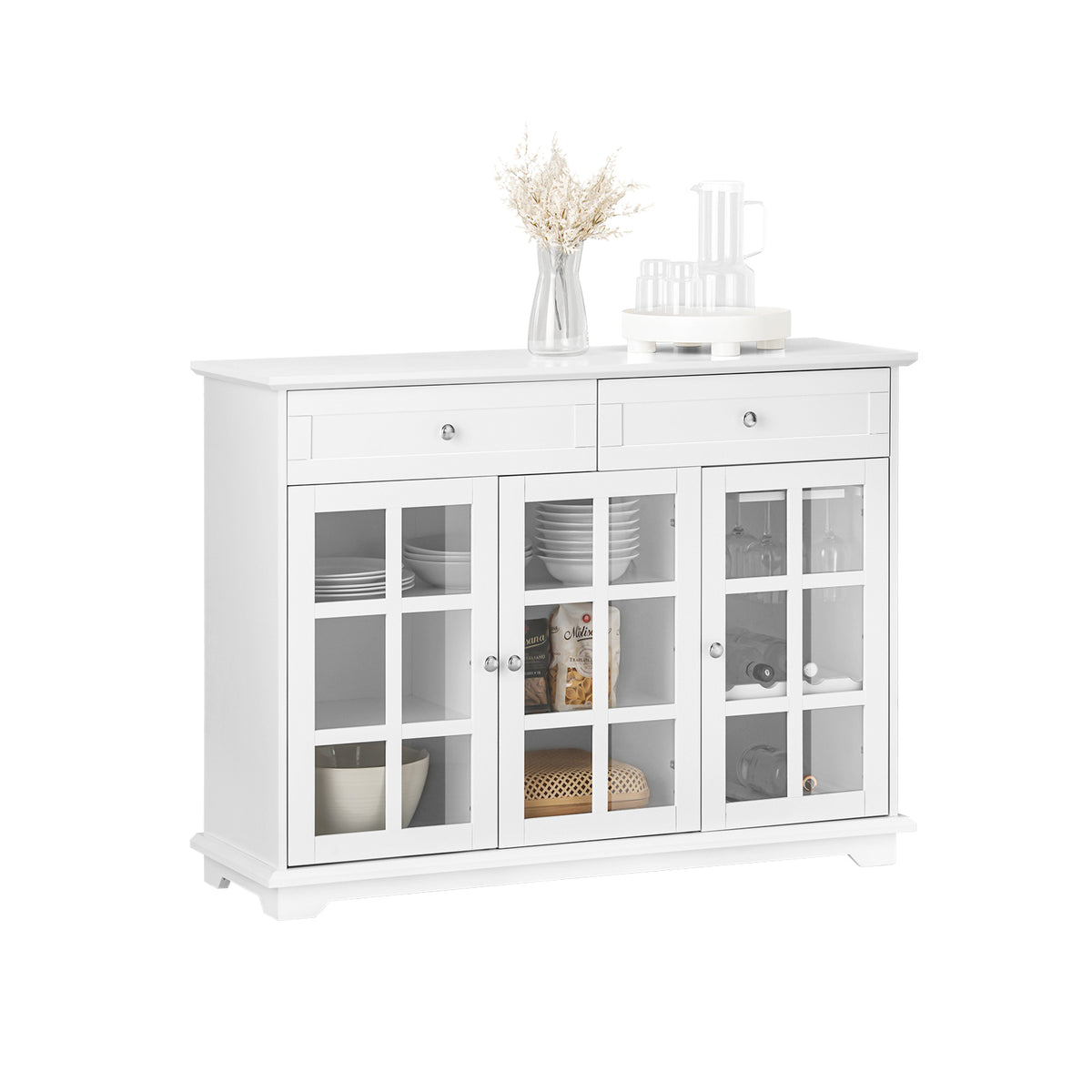 SoBuy FSB77-W white sideboard with 3 glass doors and 2 drawers – full front view on white background