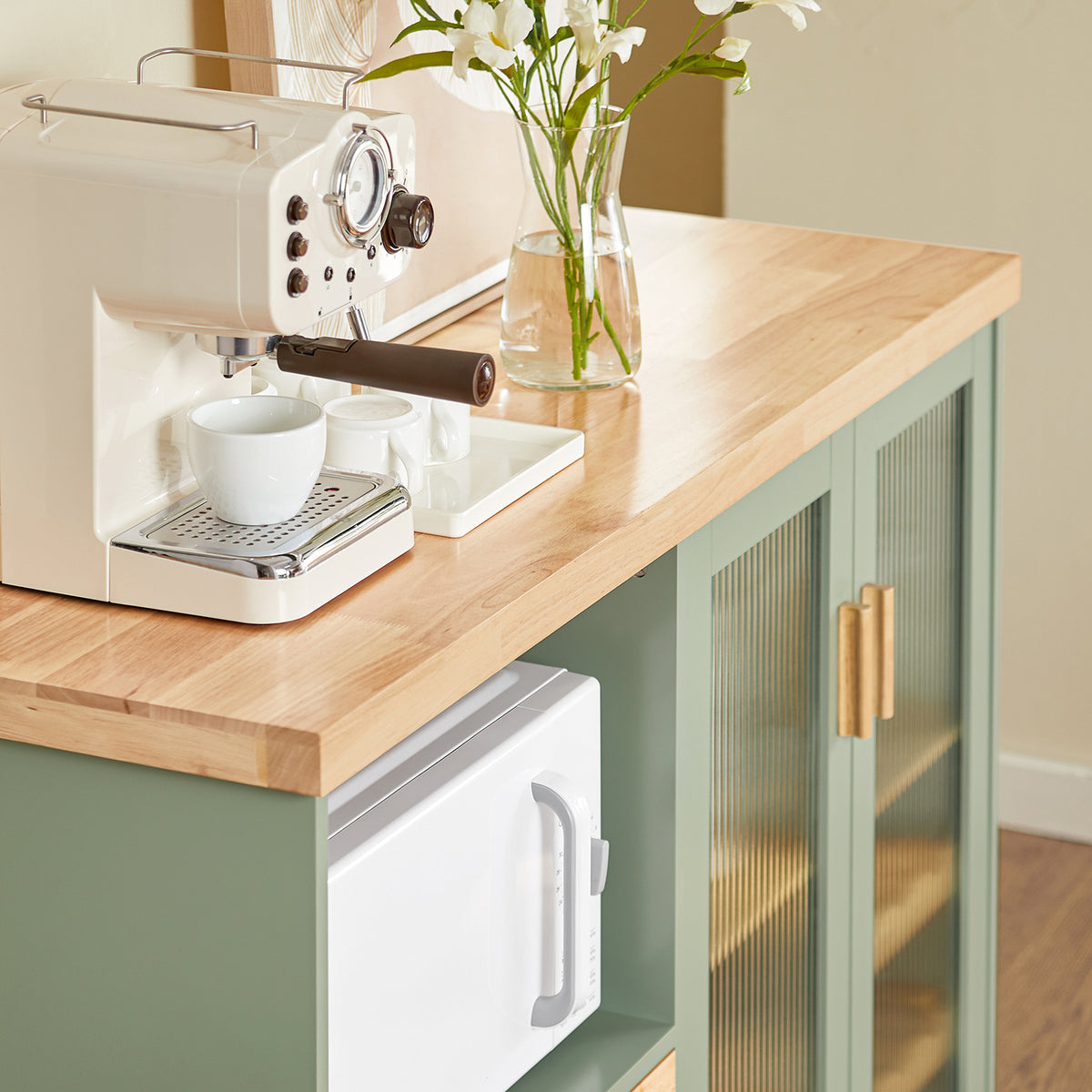 SoBuy FSB81-GR Kitchen Sideboard Cabinet with Microwave Shelf and Wine Rack – White Storage Cabinet 120cm with Glass Doors Modern Buffet for Dining Room, Living Room or Hallway 120x90x40cm Green
