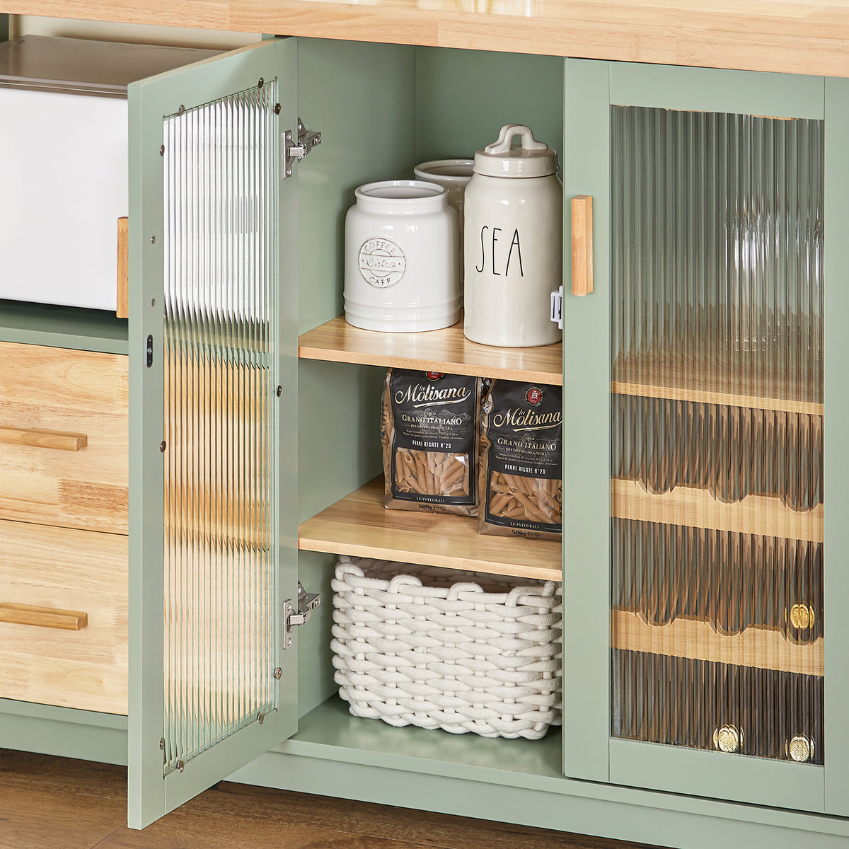 SoBuy FSB81-GR Kitchen Sideboard Cabinet with Microwave Shelf and Wine Rack – White Storage Cabinet 120cm with Glass Doors Modern Buffet for Dining Room, Living Room or Hallway 120x90x40cm Green