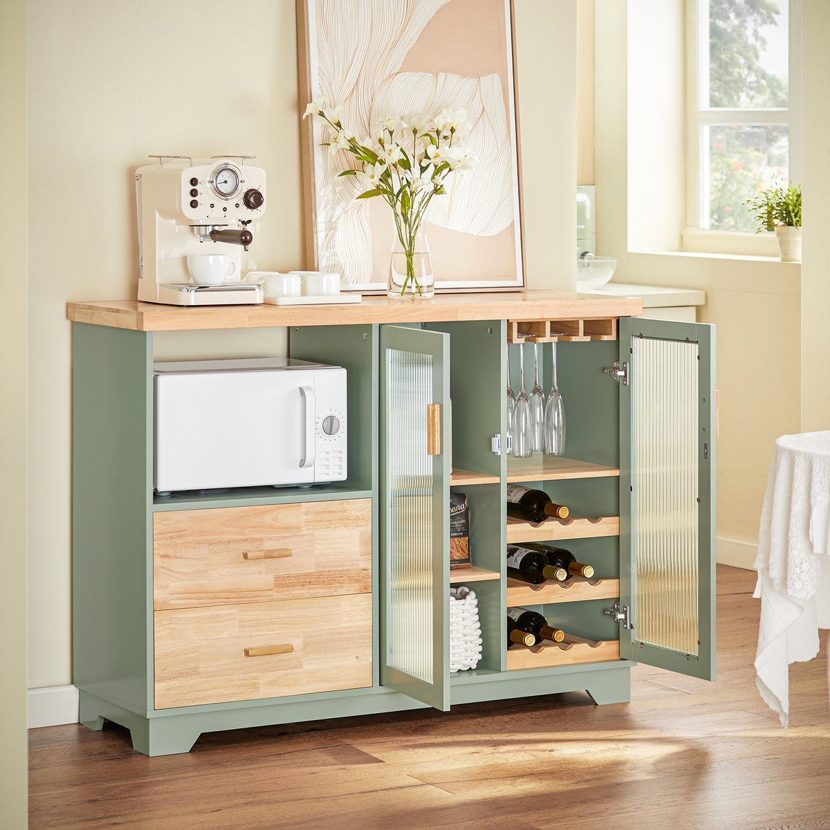 SoBuy FSB81-GR Kitchen Sideboard Cabinet with Microwave Shelf and Wine Rack – White Storage Cabinet 120cm with Glass Doors Modern Buffet for Dining Room, Living Room or Hallway 120x90x40cm Green