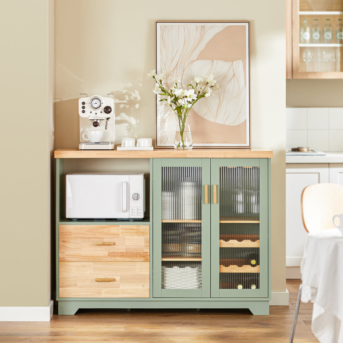 SoBuy FSB81-GR Kitchen Sideboard Cabinet with Microwave Shelf and Wine Rack – White Storage Cabinet 120cm with Glass Doors Modern Buffet for Dining Room, Living Room or Hallway 120x90x40cm Green