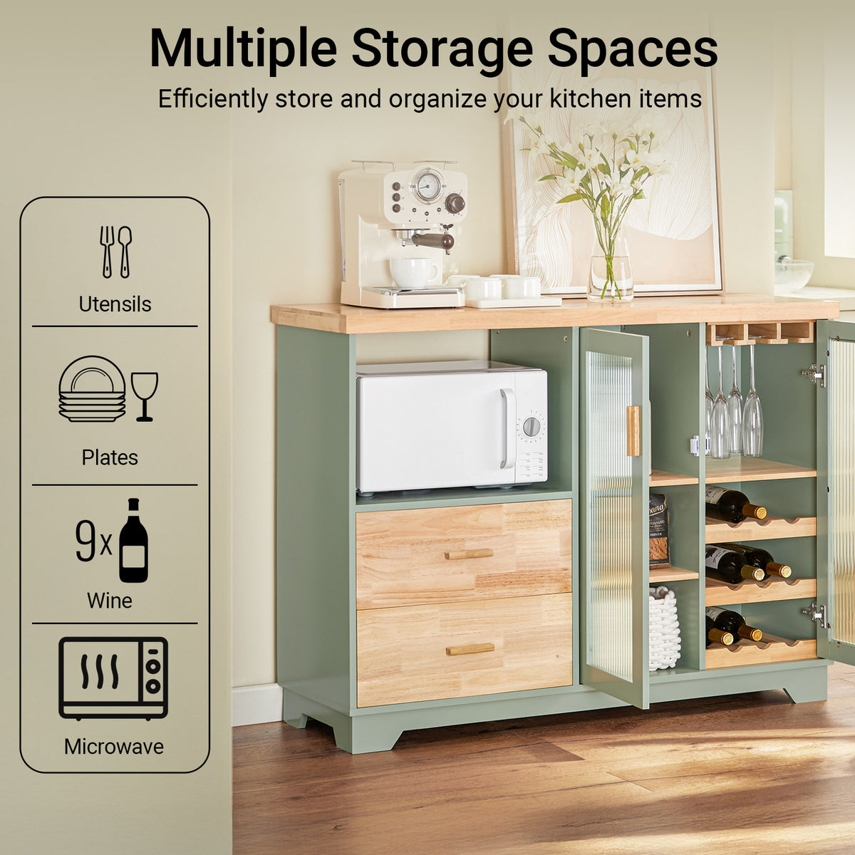 SoBuy FSB81-GR Kitchen Sideboard Cabinet with Microwave Shelf and Wine Rack – White Storage Cabinet 120cm with Glass Doors Modern Buffet for Dining Room, Living Room or Hallway 120x90x40cm Green
