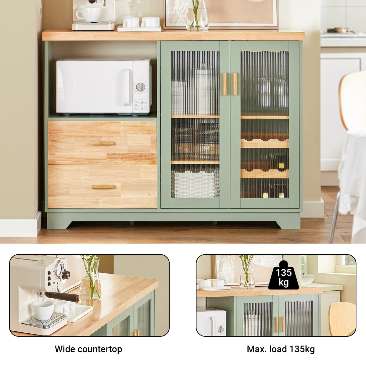 SoBuy FSB81-GR Kitchen Sideboard Cabinet with Microwave Shelf and Wine Rack – White Storage Cabinet 120cm with Glass Doors Modern Buffet for Dining Room, Living Room or Hallway 120x90x40cm Green