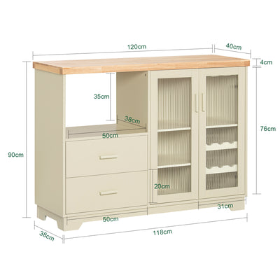 SoBuy FSB81-MI, Kitchen Sideboard Cabinet with Microwave Shelf and Wine Rack – White Storage Cabinet 120cm with Glass Doors Modern Buffet for Dining Room, Living Room or Hallway 120x90x40cm Beige
