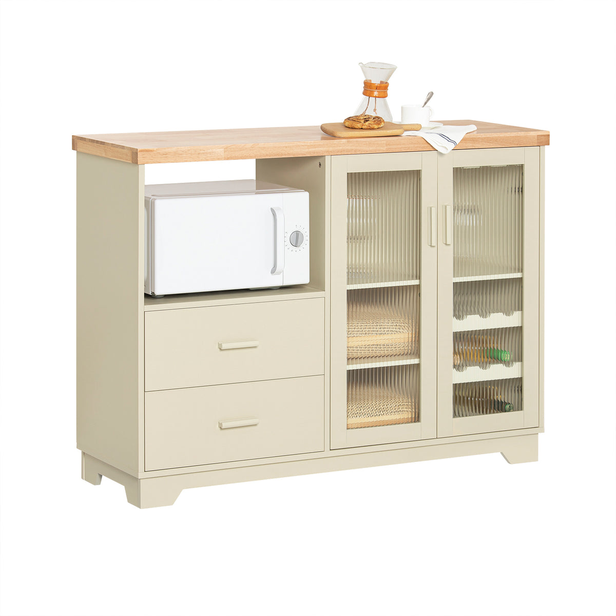 SoBuy FSB81-MI, Kitchen Sideboard Cabinet with Microwave Shelf and Wine Rack – White Storage Cabinet 120cm with Glass Doors Modern Buffet for Dining Room, Living Room or Hallway 120x90x40cm Beige