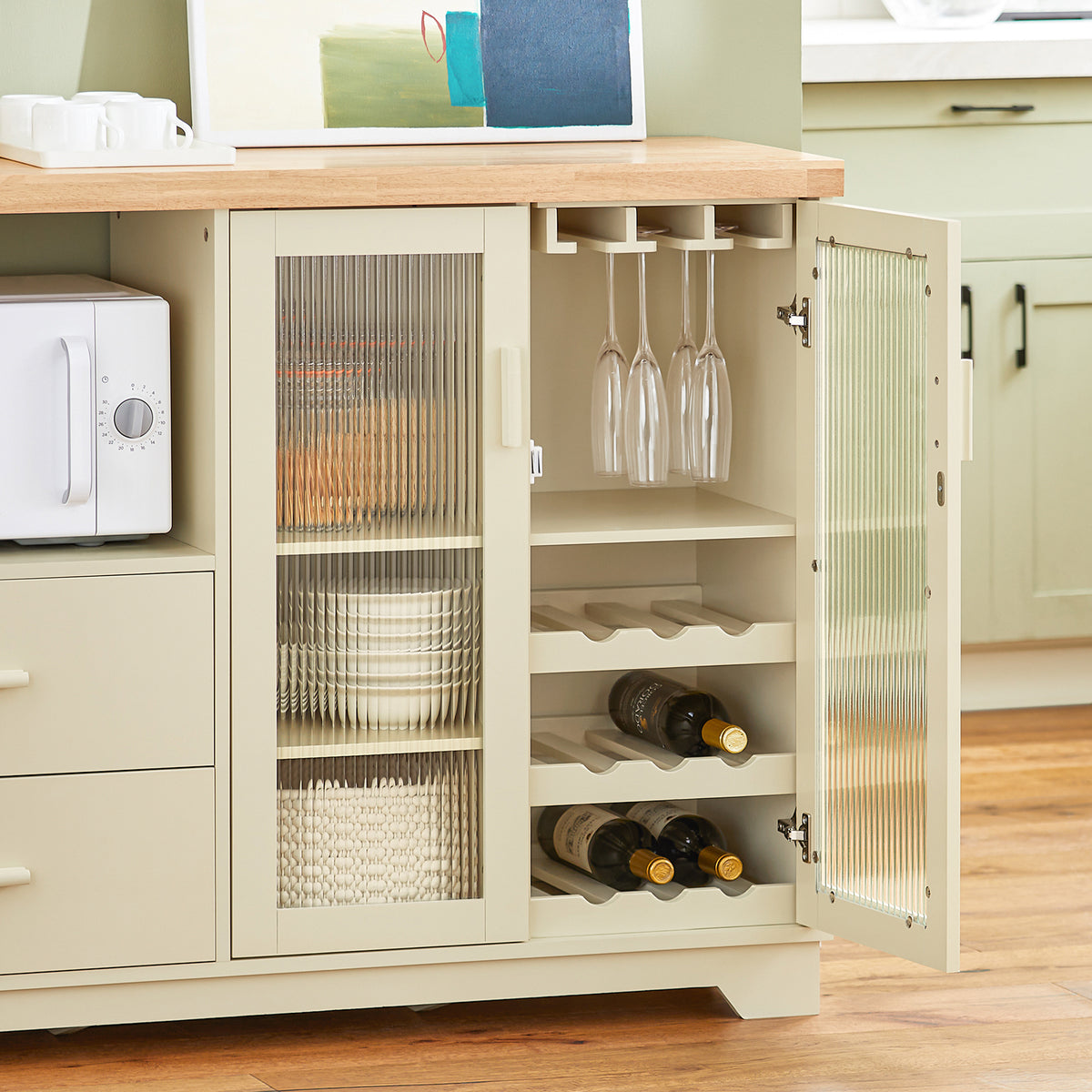SoBuy FSB81-MI, Kitchen Sideboard Cabinet with Microwave Shelf and Wine Rack – White Storage Cabinet 120cm with Glass Doors Modern Buffet for Dining Room, Living Room or Hallway 120x90x40cm Beige
