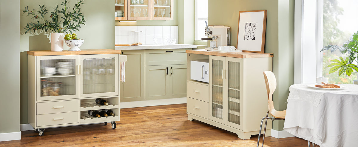 SoBuy FSB81-MI, Kitchen Sideboard Cabinet with Microwave Shelf and Wine Rack – White Storage Cabinet 120cm with Glass Doors Modern Buffet for Dining Room, Living Room or Hallway 120x90x40cm Beige